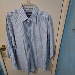 Men's Talbots L/S Dress Shirt, White with Blue & Red Stripes, 171/2 34/35
